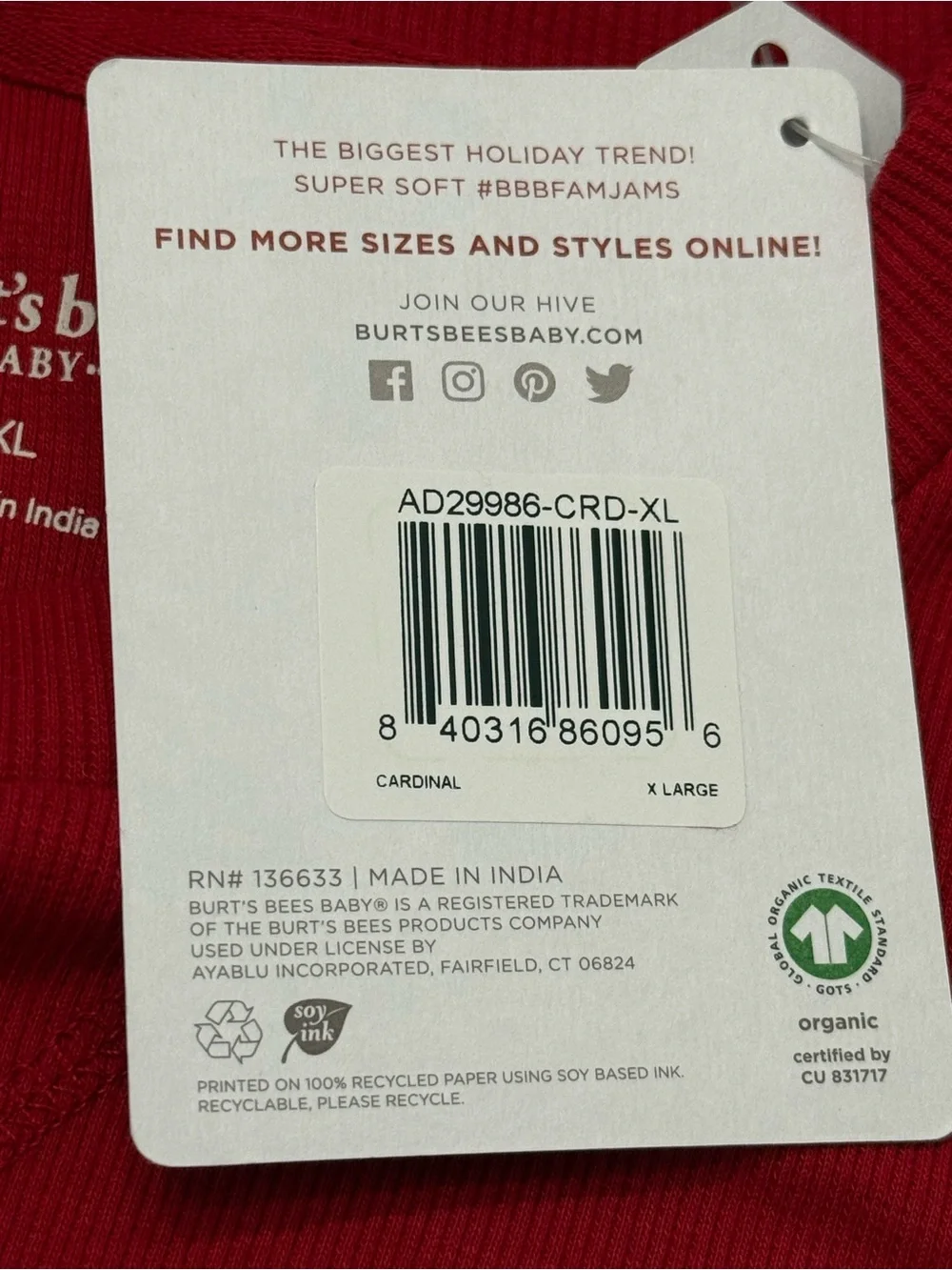 Burt’s Bees Adult Pajama Set Holidays Christmas Organic Cotton Blend NWT Size XL